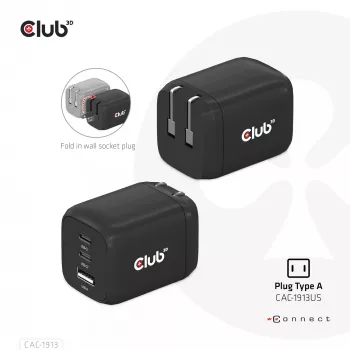 CLUB3D Reiseladegerät PPS 65Watt GAN-Technologie, Dreifachanschluss (2x USB Typ-C + USB Typ-A) Power Delivery (PD) 3.0 Unterstützung