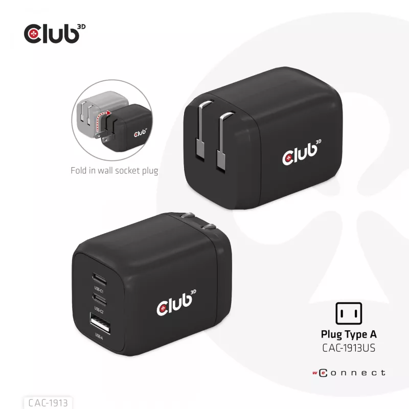CLUB3D Reiseladegerät PPS 65Watt GAN-Technologie, Dreifachanschluss (2x USB Typ-C + USB Typ-A) Power Delivery (PD) 3.0 Unterstützung