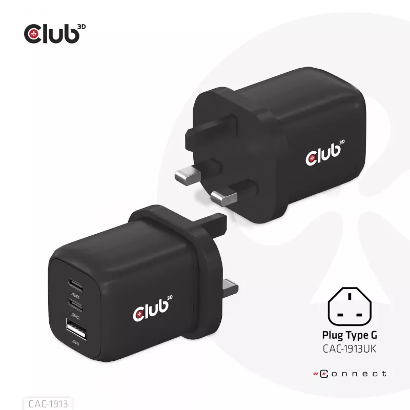 CLUB3D Reiseladegerät PPS 65Watt GAN-Technologie, Dreifachanschluss (2x USB Typ-C + USB Typ-A) Power Delivery (PD) 3.0 Unterstützung