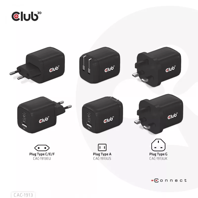 CLUB3D Reiseladegerät PPS 65Watt GAN-Technologie, Dreifachanschluss (2x USB Typ-C + USB Typ-A) Power Delivery (PD) 3.0 Unterstützung