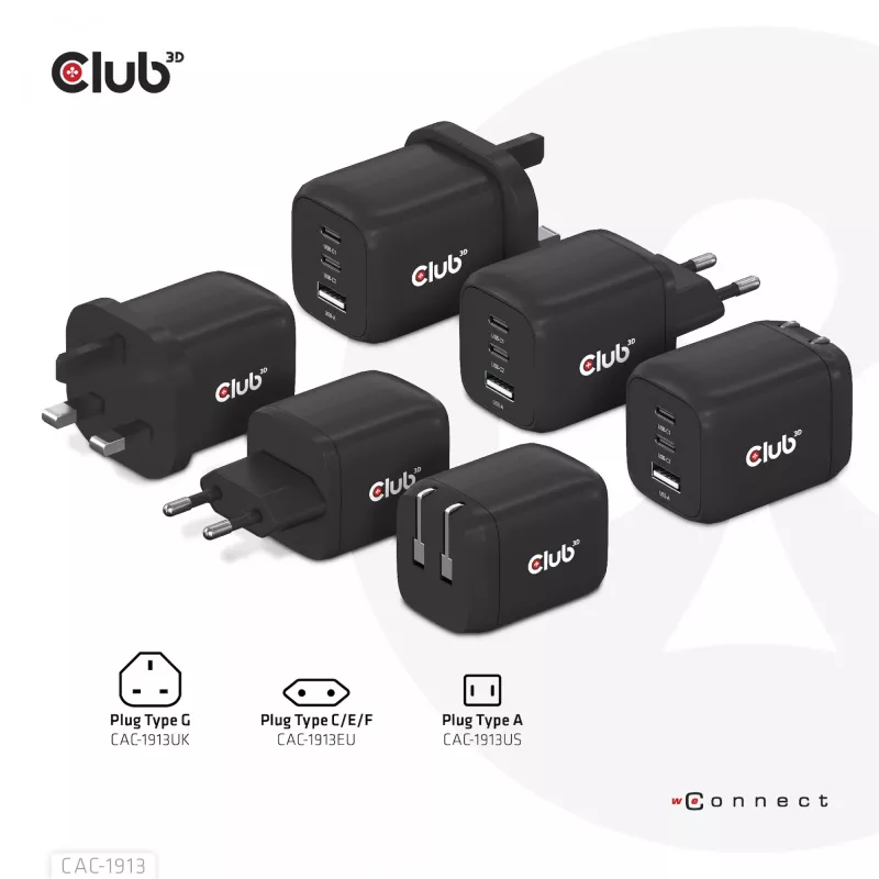 CLUB3D Reiseladegerät PPS 65Watt GAN-Technologie, Dreifachanschluss (2x USB Typ-C + USB Typ-A) Power Delivery (PD) 3.0 Unterstützung