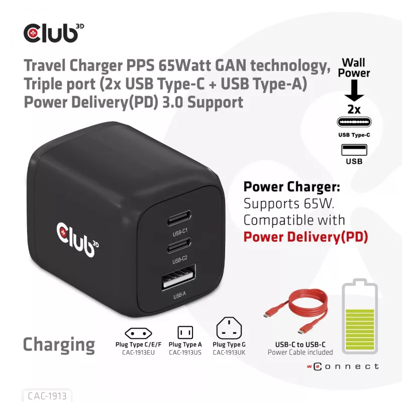 CLUB3D Reiseladegerät PPS 65Watt GAN-Technologie, Dreifachanschluss (2x USB Typ-C + USB Typ-A) Power Delivery (PD) 3.0 Unterstützung