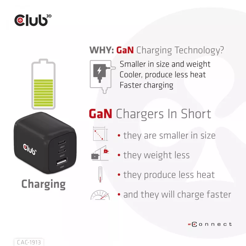 CLUB3D Reiseladegerät PPS 65Watt GAN-Technologie, Dreifachanschluss (2x USB Typ-C + USB Typ-A) Power Delivery (PD) 3.0 Unterstützung