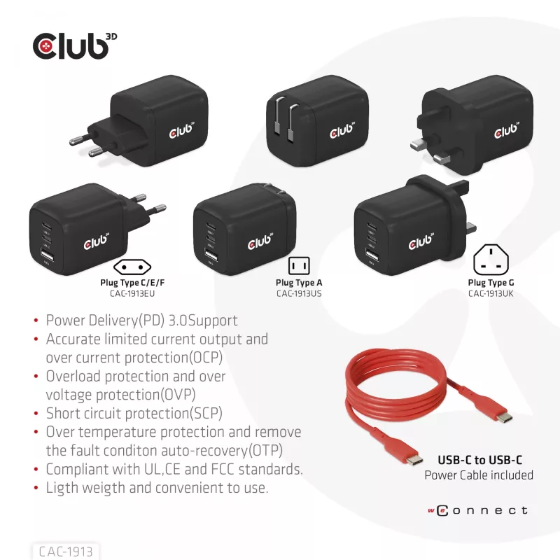 CLUB3D Reiseladegerät PPS 65Watt GAN-Technologie, Dreifachanschluss (2x USB Typ-C + USB Typ-A) Power Delivery (PD) 3.0 Unterstützung