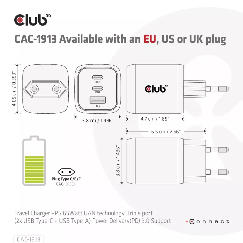 CLUB3D Reiseladegerät PPS 65Watt GAN-Technologie, Dreifachanschluss (2x USB Typ-C + USB Typ-A) Power Delivery (PD) 3.0 Unterstützung