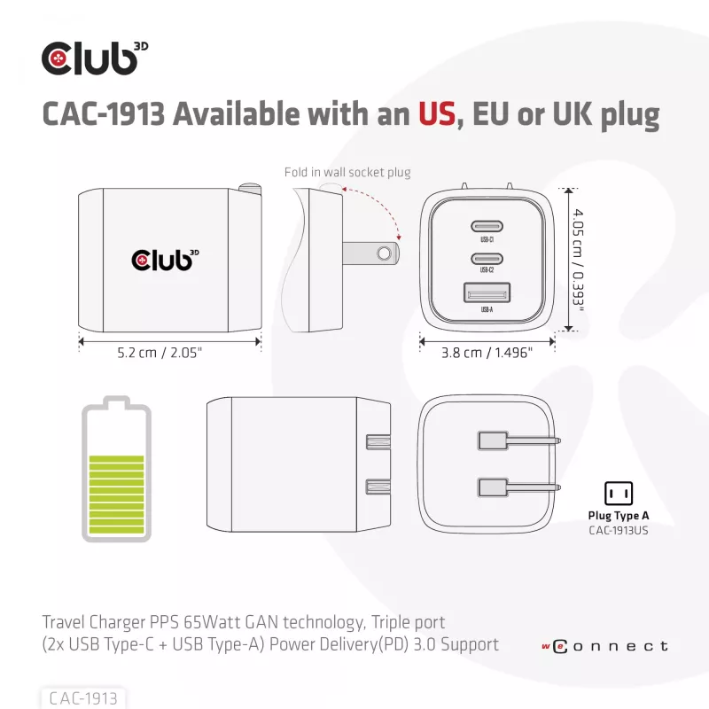 CLUB3D Reiseladegerät PPS 65Watt GAN-Technologie, Dreifachanschluss (2x USB Typ-C + USB Typ-A) Power Delivery (PD) 3.0 Unterstützung