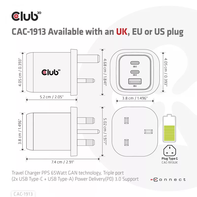 CLUB3D Reiseladegerät PPS 65Watt GAN-Technologie, Dreifachanschluss (2x USB Typ-C + USB Typ-A) Power Delivery (PD) 3.0 Unterstützung