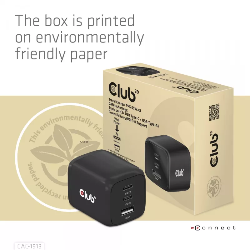 CLUB3D Reiseladegerät PPS 65Watt GAN-Technologie, Dreifachanschluss (2x USB Typ-C + USB Typ-A) Power Delivery (PD) 3.0 Unterstützung