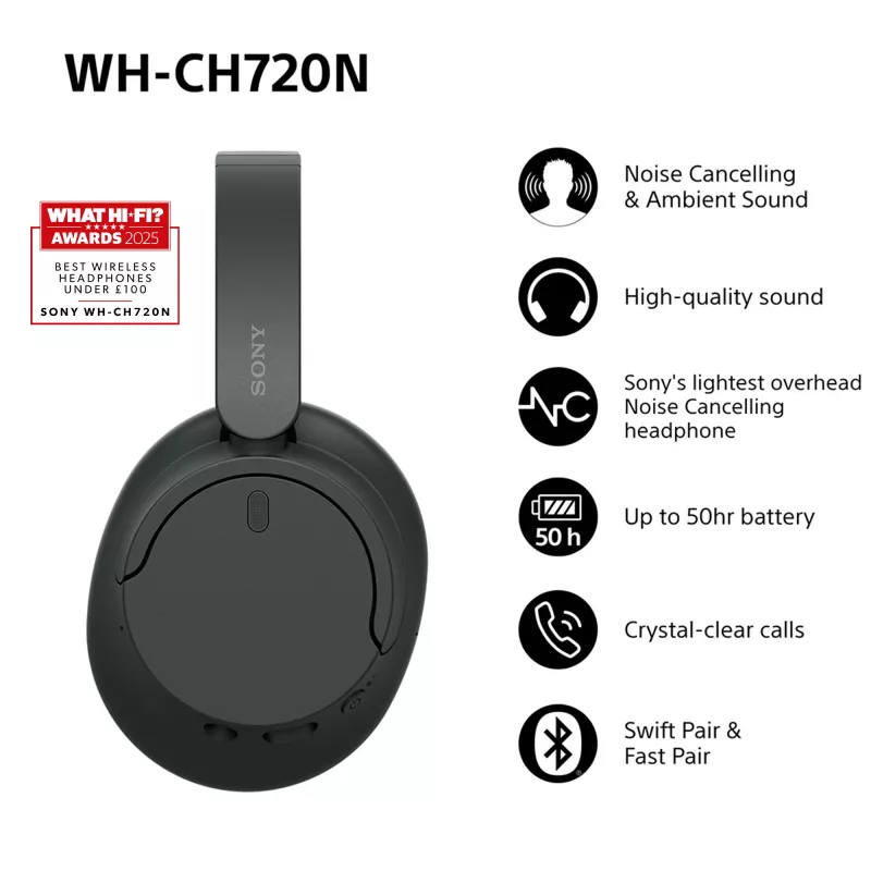 Sony WH-CH720 Headset Kabelgebunden & Kabellos Kopfband Telefonate/Musik USB Typ-C Bluetooth Schwarz