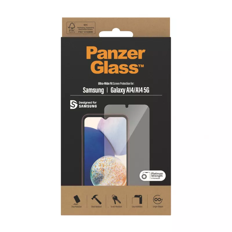 Displayschutzfolie PanzerGlass Samsung Galaxy A14 A14 5G Ultra-Wide Fit kratzfest stoßfest