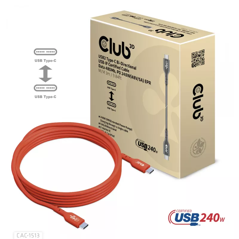 CLUB3D USB2 Type-C bidirektionales USB-IF-zertifiziertes Datenkabel 480Mb, PD 240W(48V/5A) EPR M/M 3m / 9.84 ft