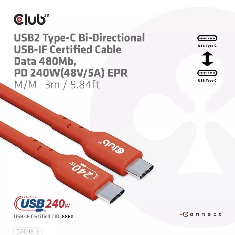 CLUB3D USB2 Type-C bidirektionales USB-IF-zertifiziertes Datenkabel 480Mb, PD 240W(48V/5A) EPR M/M 3m / 9.84 ft