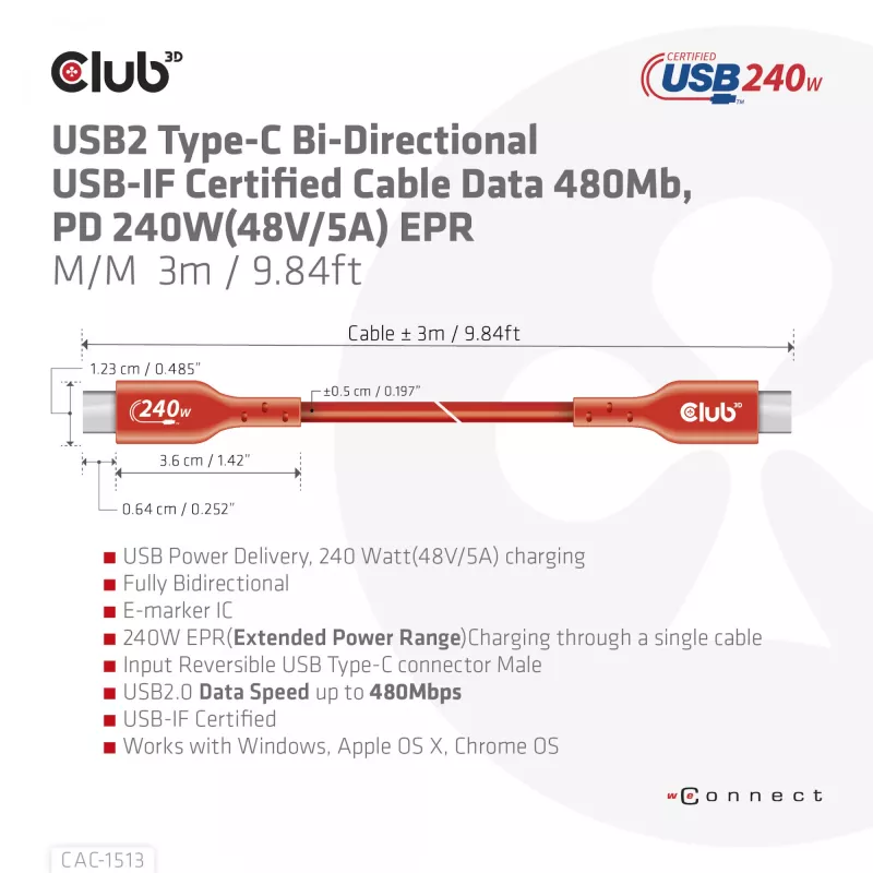 CLUB3D USB2 Type-C bidirektionales USB-IF-zertifiziertes Datenkabel 480Mb, PD 240W(48V/5A) EPR M/M 3m / 9.84 ft