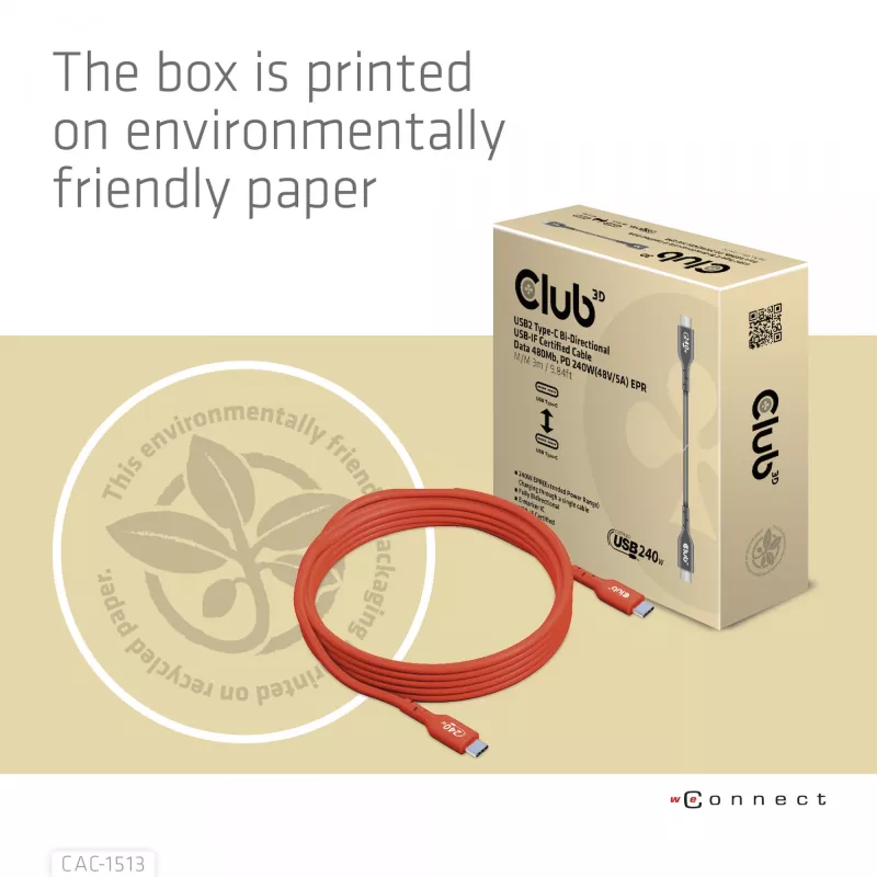 CLUB3D USB2 Type-C bidirektionales USB-IF-zertifiziertes Datenkabel 480Mb, PD 240W(48V/5A) EPR M/M 3m / 9.84 ft