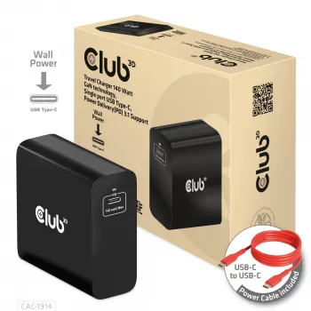 CLUB3D Reiseladegerät 140 Watt GaN-Technologie, Einzelport USB Typ-C, Power Delivery (PD) 3.1 Unterstützung