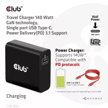 CLUB3D Reiseladegerät 140 Watt GaN-Technologie, Einzelport USB Typ-C, Power Delivery (PD) 3.1 Unterstützung
