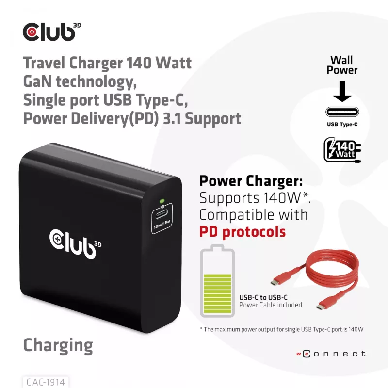 CLUB3D Reiseladegerät 140 Watt GaN-Technologie, Einzelport USB Typ-C, Power Delivery (PD) 3.1 Unterstützung