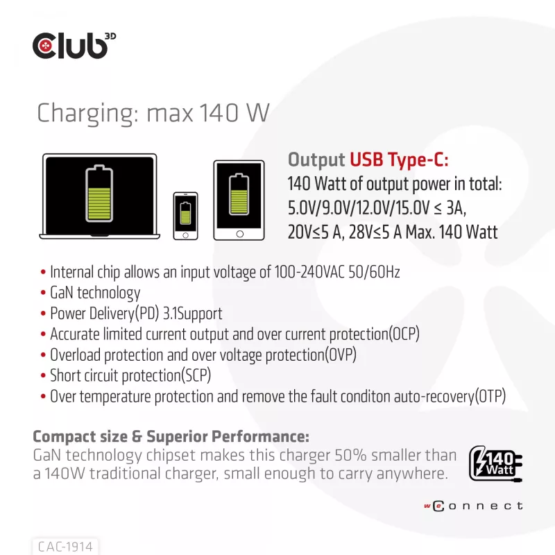 CLUB3D Reiseladegerät 140 Watt GaN-Technologie, Einzelport USB Typ-C, Power Delivery (PD) 3.1 Unterstützung