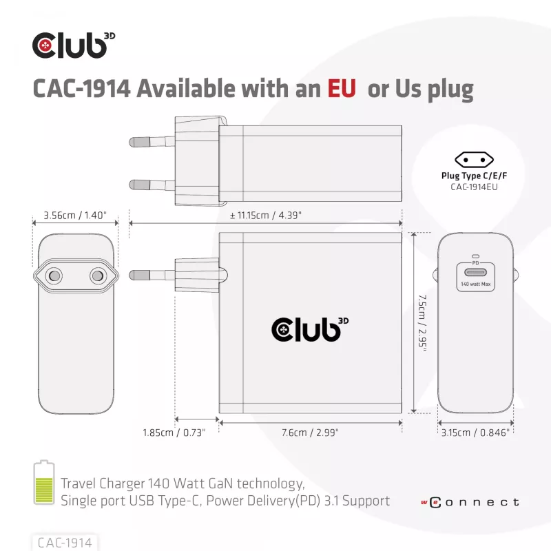 CLUB3D Reiseladegerät 140 Watt GaN-Technologie, Einzelport USB Typ-C, Power Delivery (PD) 3.1 Unterstützung
