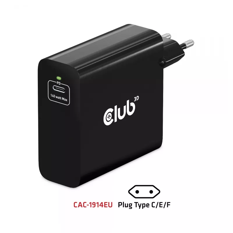 CLUB3D Reiseladegerät 140 Watt GaN-Technologie, Einzelport USB Typ-C, Power Delivery (PD) 3.1 Unterstützung