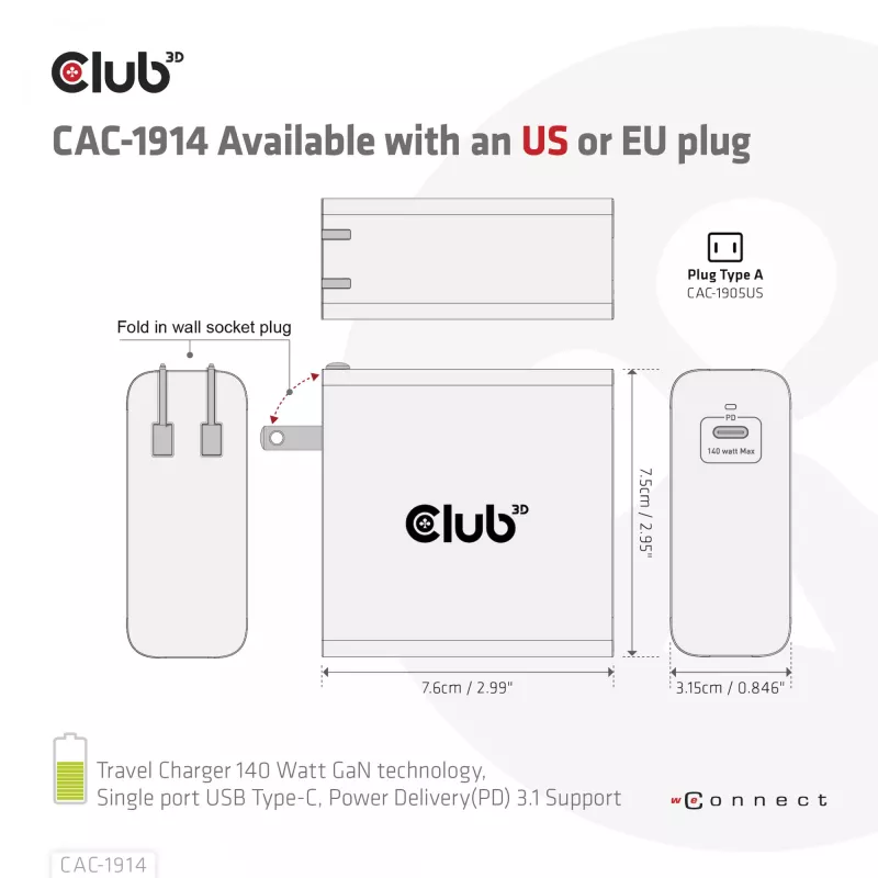 CLUB3D Reiseladegerät 140 Watt GaN-Technologie, Einzelport USB Typ-C, Power Delivery (PD) 3.1 Unterstützung