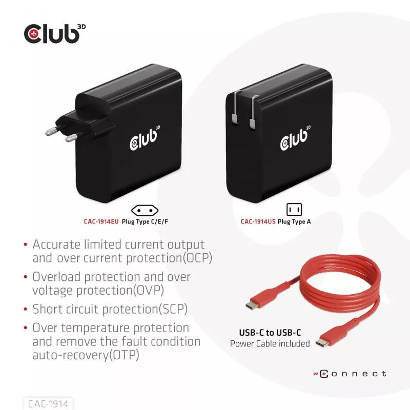 CLUB3D Reiseladegerät 140 Watt GaN-Technologie, Einzelport USB Typ-C, Power Delivery (PD) 3.1 Unterstützung