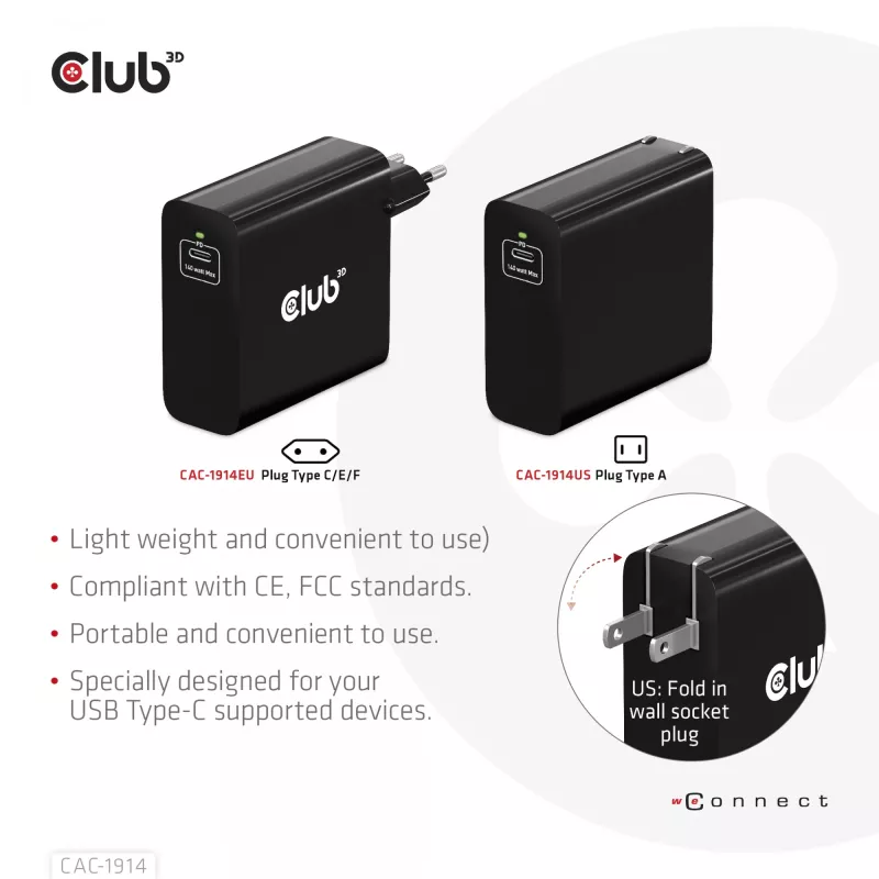 CLUB3D Reiseladegerät 140 Watt GaN-Technologie, Einzelport USB Typ-C, Power Delivery (PD) 3.1 Unterstützung