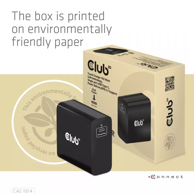 CLUB3D Reiseladegerät 140 Watt GaN-Technologie, Einzelport USB Typ-C, Power Delivery (PD) 3.1 Unterstützung