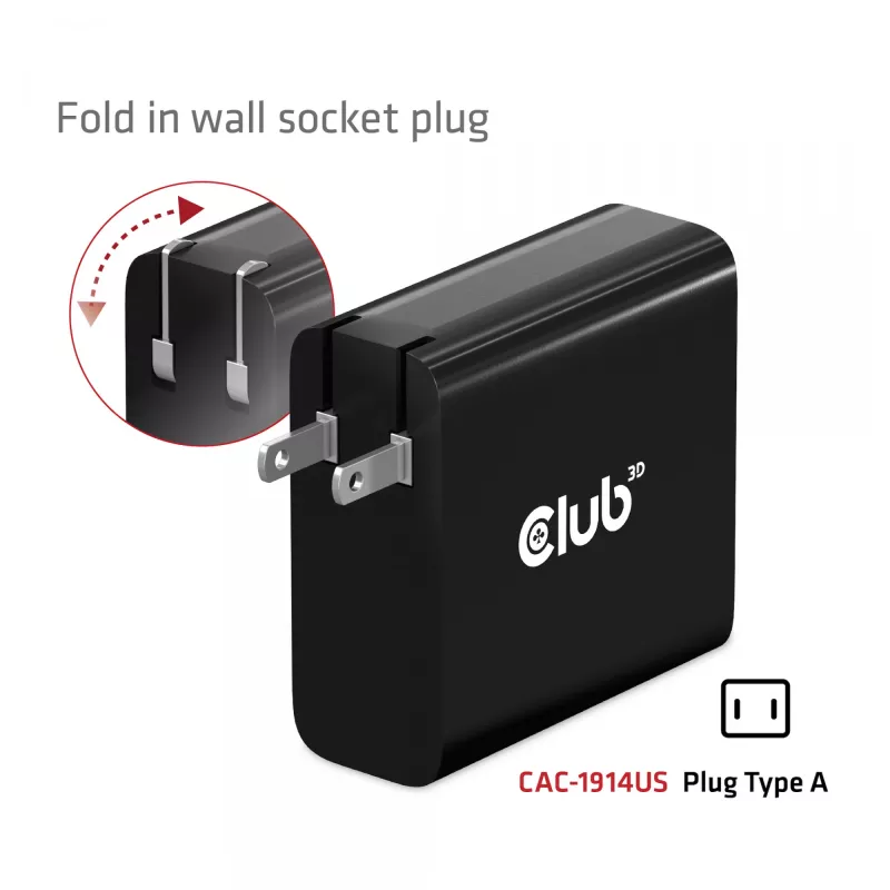 CLUB3D Reiseladegerät 140 Watt GaN-Technologie, Einzelport USB Typ-C, Power Delivery (PD) 3.1 Unterstützung