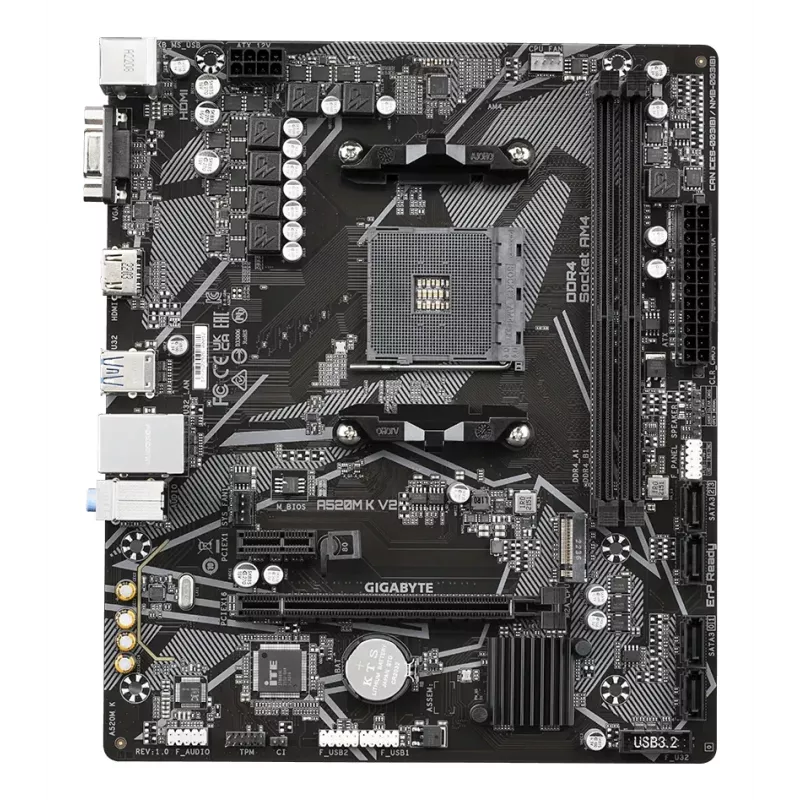 GIGABYTE A520M K V2 Motherboard - Unterstützt AMD Ryzen 5000 Serie AM4 CPUs, bis zu 5100MHz DDR4 (OC), PCIe Gen3 x4 M.2, GbE LAN, USB 3.2 Gen 1