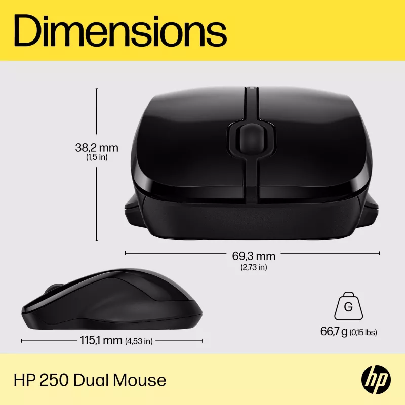 HP 250 Dual Mouse, beidhändig, Bluetooth + USB Typ A, 1600 DPI, Schwarz