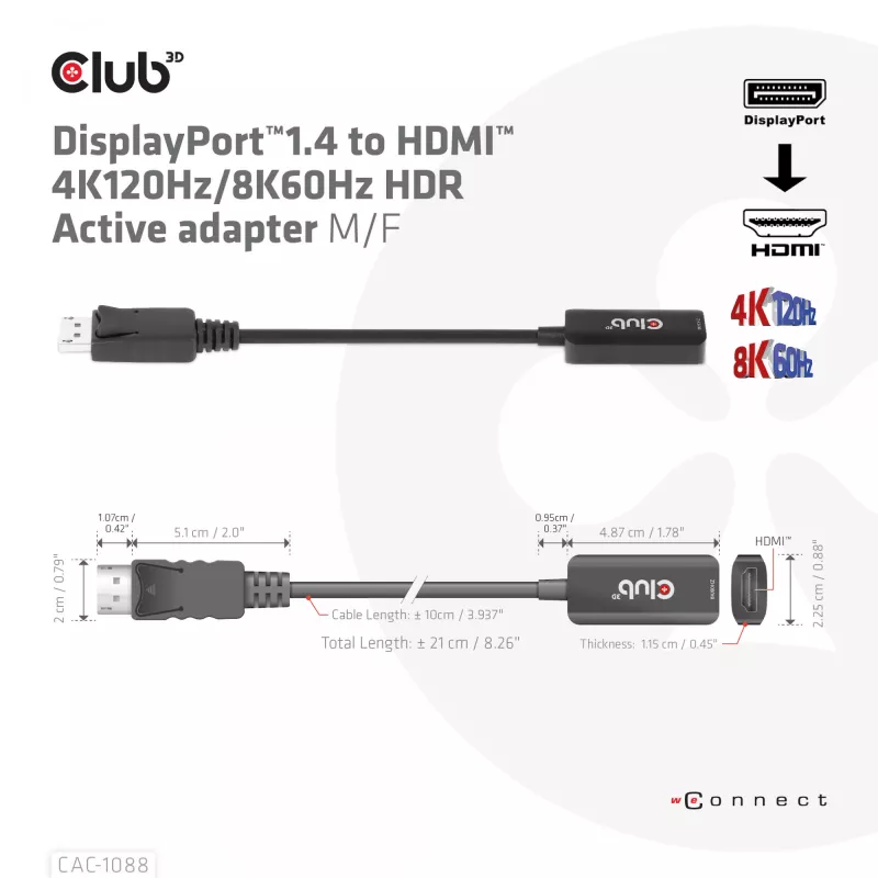 CLUB3D DisplayPort1.4 auf HDMI 4K120Hz/8K60Hz HDR aktiver Adapter M/W