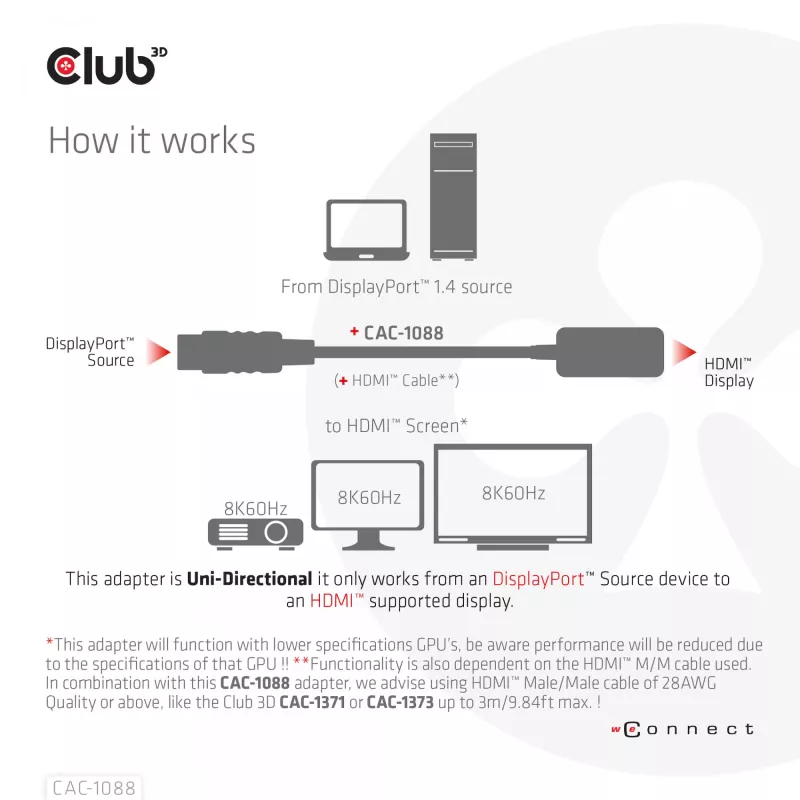 CLUB3D DisplayPort1.4 auf HDMI 4K120Hz/8K60Hz HDR aktiver Adapter M/W