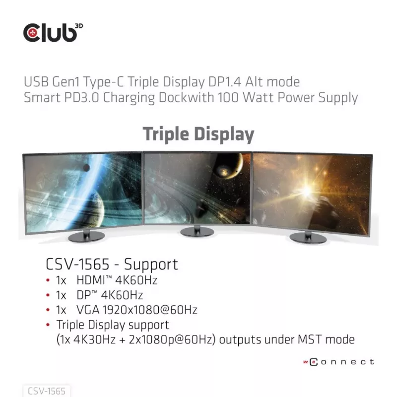CLUB3D USB Gen1 Type-C Triple Display DP1.4 Alt mode Smart PD3.0 Charging Dock mit 100 Watt Netzteil