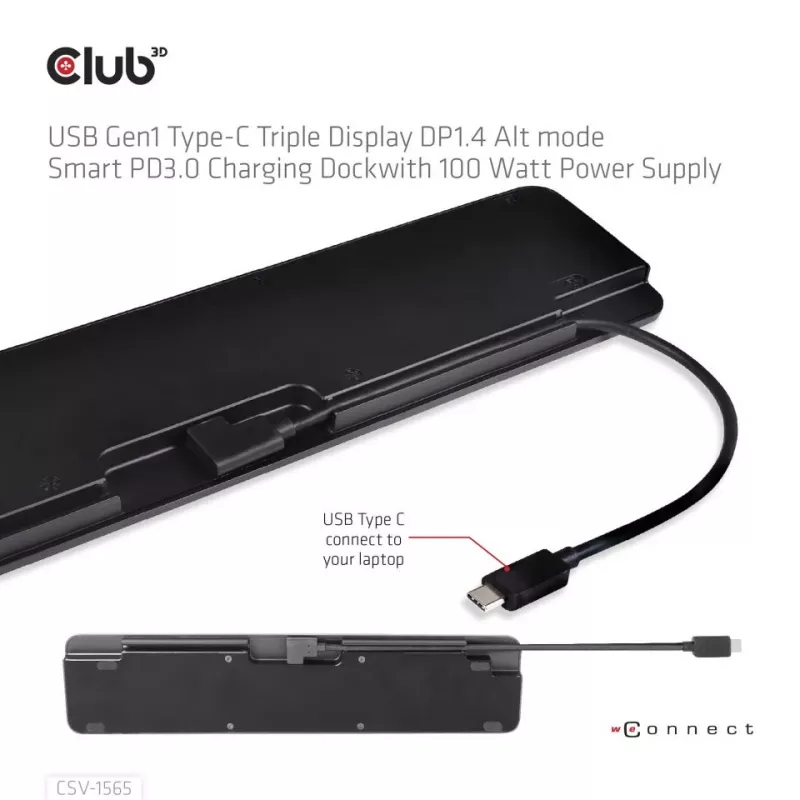 CLUB3D USB Gen1 Type-C Triple Display DP1.4 Alt mode Smart PD3.0 Charging Dock mit 100 Watt Netzteil