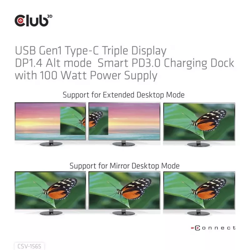 CLUB3D USB Gen1 Type-C Triple Display DP1.4 Alt mode Smart PD3.0 Charging Dock mit 100 Watt Netzteil