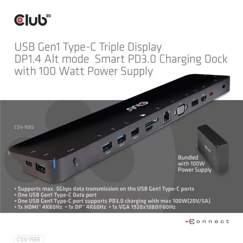 CLUB3D USB Gen1 Type-C Triple Display DP1.4 Alt mode Smart PD3.0 Charging Dock mit 100 Watt Netzteil