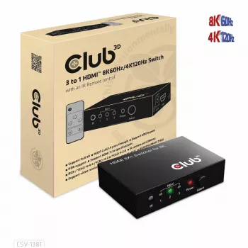 CLUB3D 3 auf 1 HDMI™ 8K60Hz/4K120Hz Switch, 7680 x 4320 Pixel, 8K Ultra HD, Schwarz