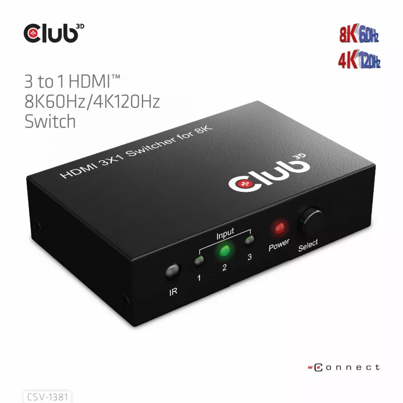 CLUB3D 3 auf 1 HDMI™ 8K60Hz/4K120Hz Switch, 7680 x 4320 Pixel, 8K Ultra HD, Schwarz