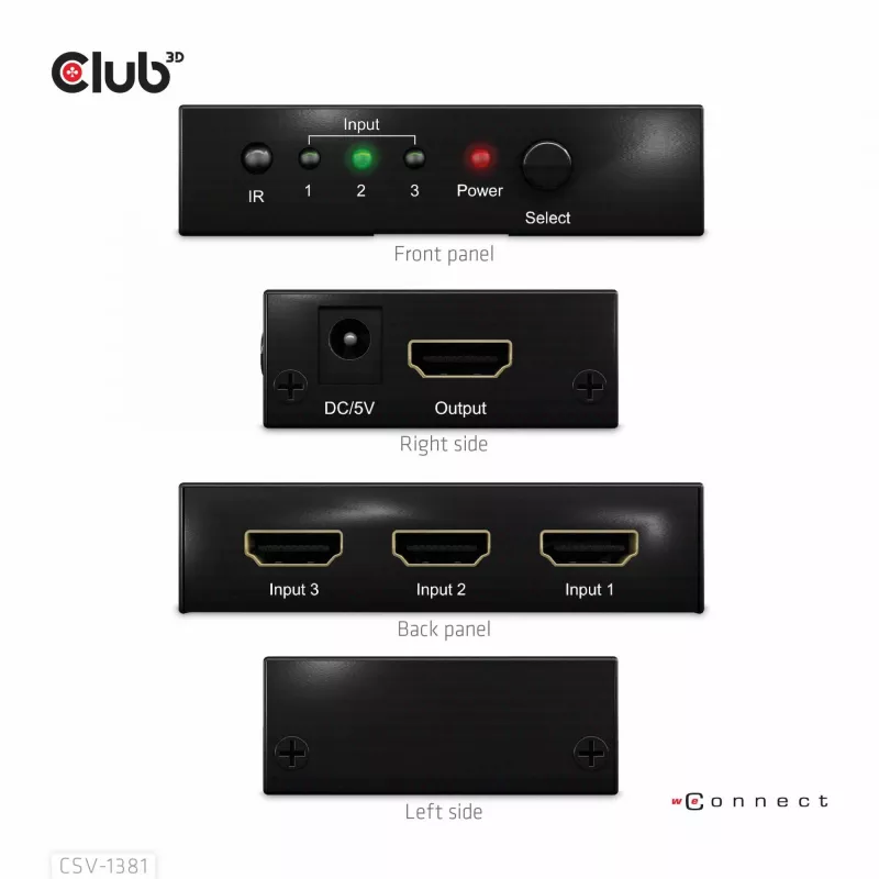 CLUB3D 3 auf 1 HDMI™ 8K60Hz/4K120Hz Switch, 7680 x 4320 Pixel, 8K Ultra HD, Schwarz