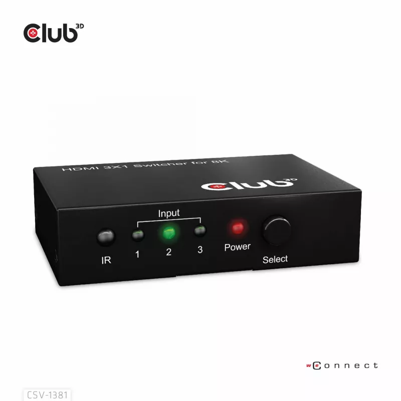 CLUB3D 3 auf 1 HDMI™ 8K60Hz/4K120Hz Switch, 7680 x 4320 Pixel, 8K Ultra HD, Schwarz