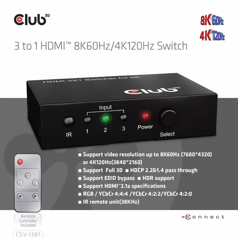 CLUB3D 3 auf 1 HDMI™ 8K60Hz/4K120Hz Switch, 7680 x 4320 Pixel, 8K Ultra HD, Schwarz