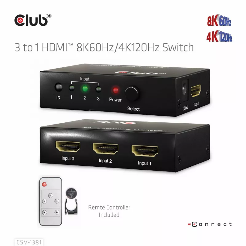 CLUB3D 3 auf 1 HDMI™ 8K60Hz/4K120Hz Switch, 7680 x 4320 Pixel, 8K Ultra HD, Schwarz
