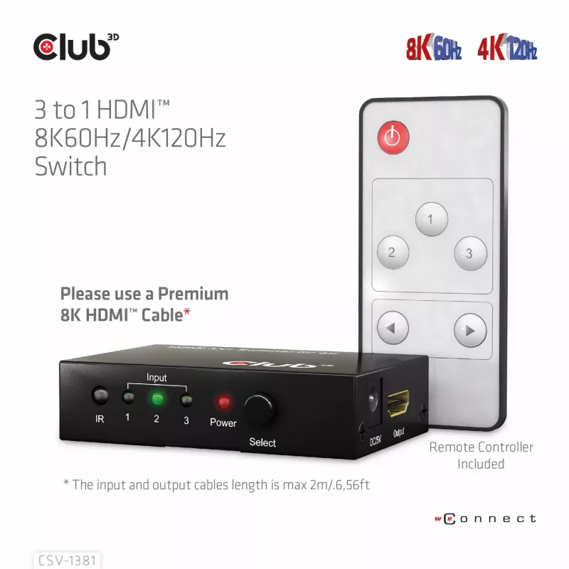 CLUB3D 3 auf 1 HDMI™ 8K60Hz/4K120Hz Switch, 7680 x 4320 Pixel, 8K Ultra HD, Schwarz