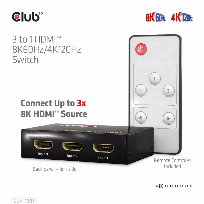 CLUB3D 3 auf 1 HDMI™ 8K60Hz/4K120Hz Switch, 7680 x 4320 Pixel, 8K Ultra HD, Schwarz