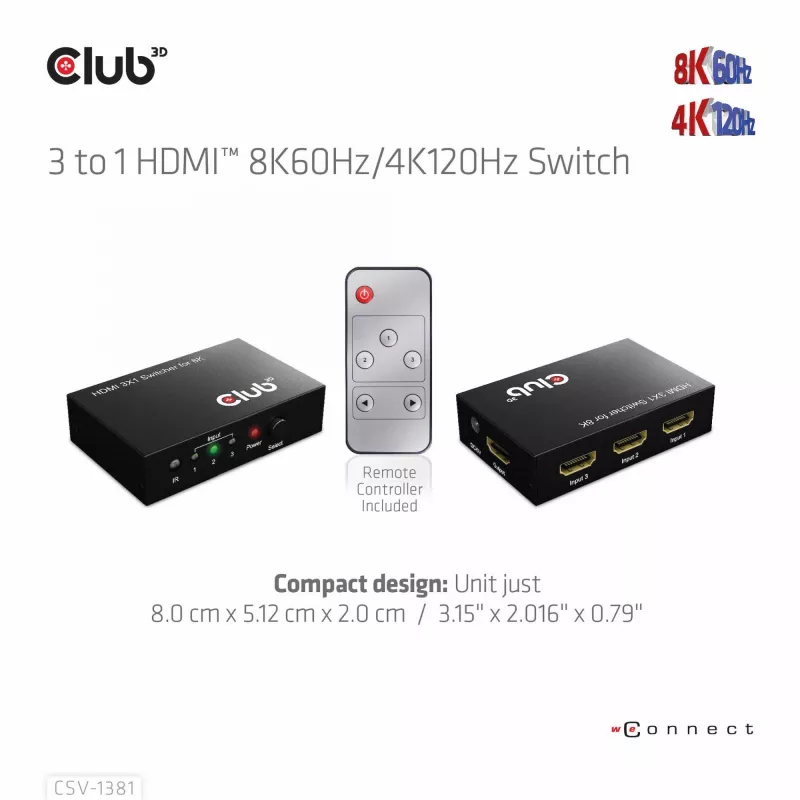 CLUB3D 3 auf 1 HDMI™ 8K60Hz/4K120Hz Switch, 7680 x 4320 Pixel, 8K Ultra HD, Schwarz