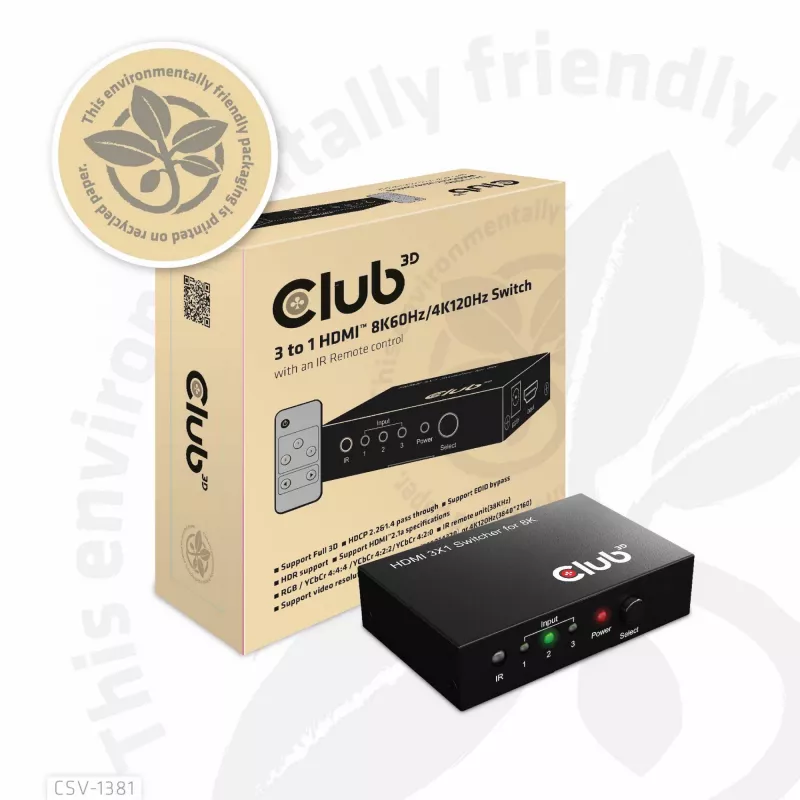 CLUB3D 3 auf 1 HDMI™ 8K60Hz/4K120Hz Switch, 7680 x 4320 Pixel, 8K Ultra HD, Schwarz