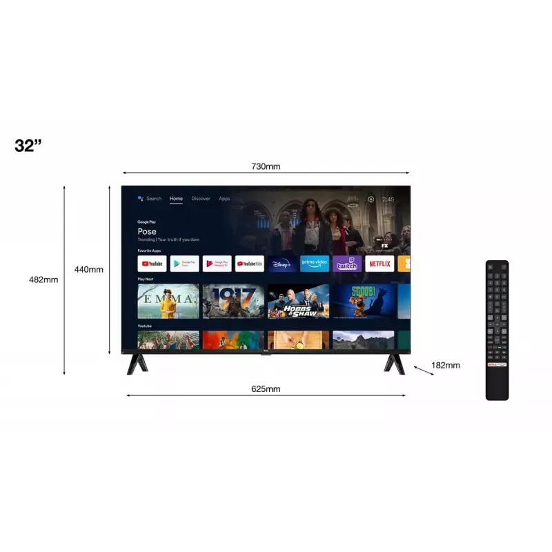 TV TCL 32S5400A 32 Zoll HD LED (1366x768), Android TV, Direct‑LED, 2×HDMI, HDR10, Bluetooth 5.0