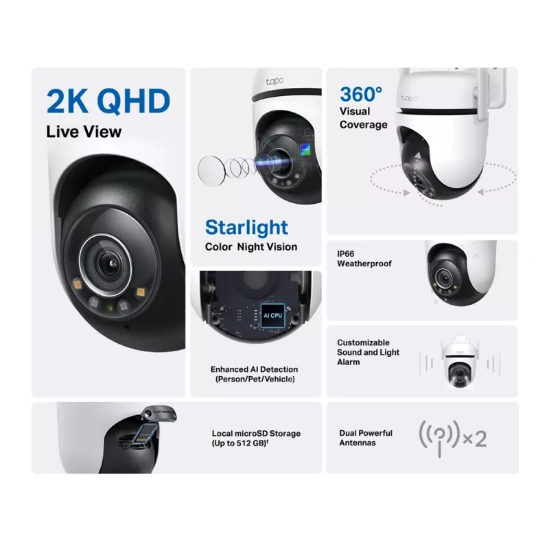 TP-Link Tapo Outdoor Pan/Tilt Security Wi-Fi Camera, IP security camera, Indoor & outdoor, Wireless, CE, FCC, RoHS, RCM, Ceiling, Black, White