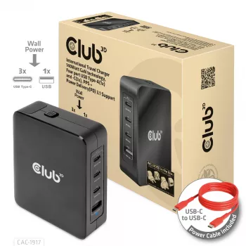 CLUB3D International Travel Charger 140W GaN-Technologie, Vier Ports USB Typ-A (1x) und -C (3x), PPS + Power Delivery (PD) 3.1 Unterstützung
